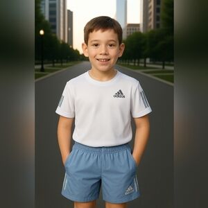 Adidas Kids White T-Shirt and Blue Shorts